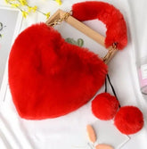Love Fuzzy Heart Handbag with fluffy fur, top handle, and removable golden chain strap.