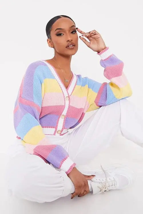 Image & Stylez LLCWomens Stripe Crop CardiganWomens Stripe Crop CardiganAdd style and warmth to your wardrobe with our Womens Stripe Crop Cardigan. This stylish cardigan features a trendy stripe design and is perfect for layering. Made wClothing