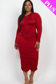 CAPELLA APPAREL - Plus Size Ruched Long Sleeve Midi Dress CAPELLA APPAREL