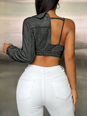One Shoulder Long Sleeve Cropped Denim Top | Women's Clothing | Image & Stylez

