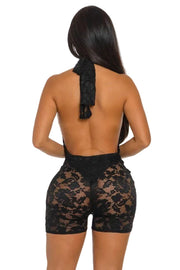 Halter Neck Lace Romper – Black