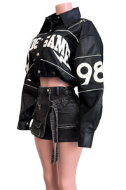 Game On Cropped Varsity Faux Leather Jacket