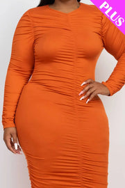 CAPELLA APPAREL - Plus Size Ruched Long Sleeve Midi Dress CAPELLA APPAREL