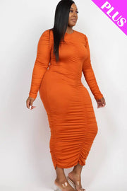 CAPELLA APPAREL - Plus Size Ruched Long Sleeve Midi Dress CAPELLA APPAREL