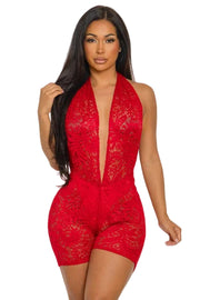 Halter Neck Lace Romper – Black