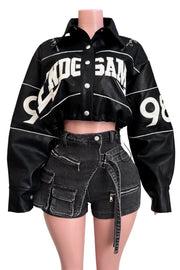 Game On Cropped Varsity Faux Leather Jacket