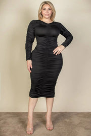 CAPELLA APPAREL - Plus Size Ruched Long Sleeve Midi Dress CAPELLA APPAREL