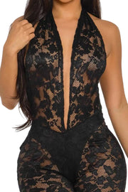 Halter Neck Lace Romper – Black