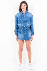 Full Size Drop Shoulder Cropped Denim Jacket with Waist Strap Plus Size