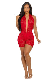 Halter Neck Lace Romper – Black