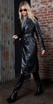 Luxurious Faux Leather Trench Coat With Belt