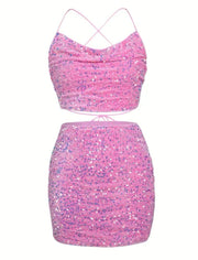 Pink sequin Birthday Vibes Skirt Set with flattering fit and breathable material.