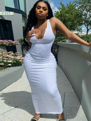 Trendy low-cut ribbed maxi dress for summer and spring, perfect for casual and streetwear.