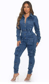 Women's fitted cargo denim jumpsuit with stretch and multiple pockets.