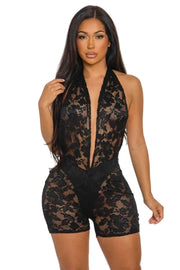 Halter Neck Lace Romper – Black
