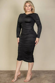 CAPELLA APPAREL - Plus Size Ruched Long Sleeve Midi Dress CAPELLA APPAREL