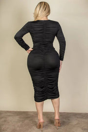 CAPELLA APPAREL - Plus Size Ruched Long Sleeve Midi Dress CAPELLA APPAREL