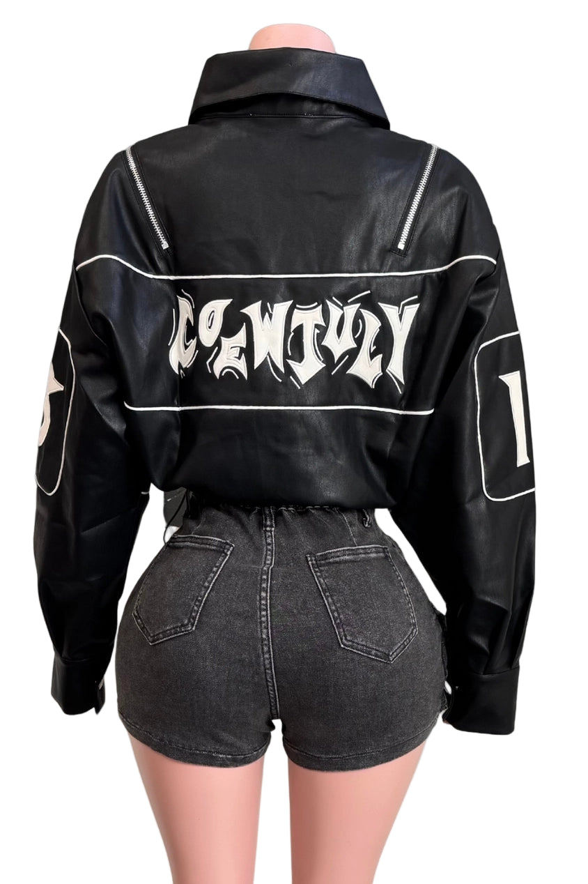 Game On Cropped Varsity Faux Leather Jacket