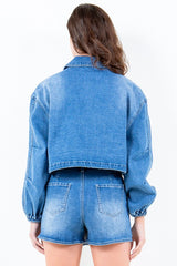 Full Size Drop Shoulder Cropped Denim Jacket with Waist Strap Plus Size