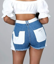 High Rise Color Block Denim Shorts