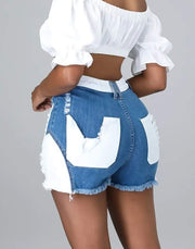 High Rise Color Block Denim Shorts