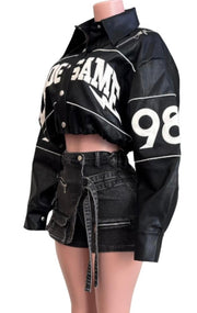 Game On Cropped Varsity Faux Leather Jacket