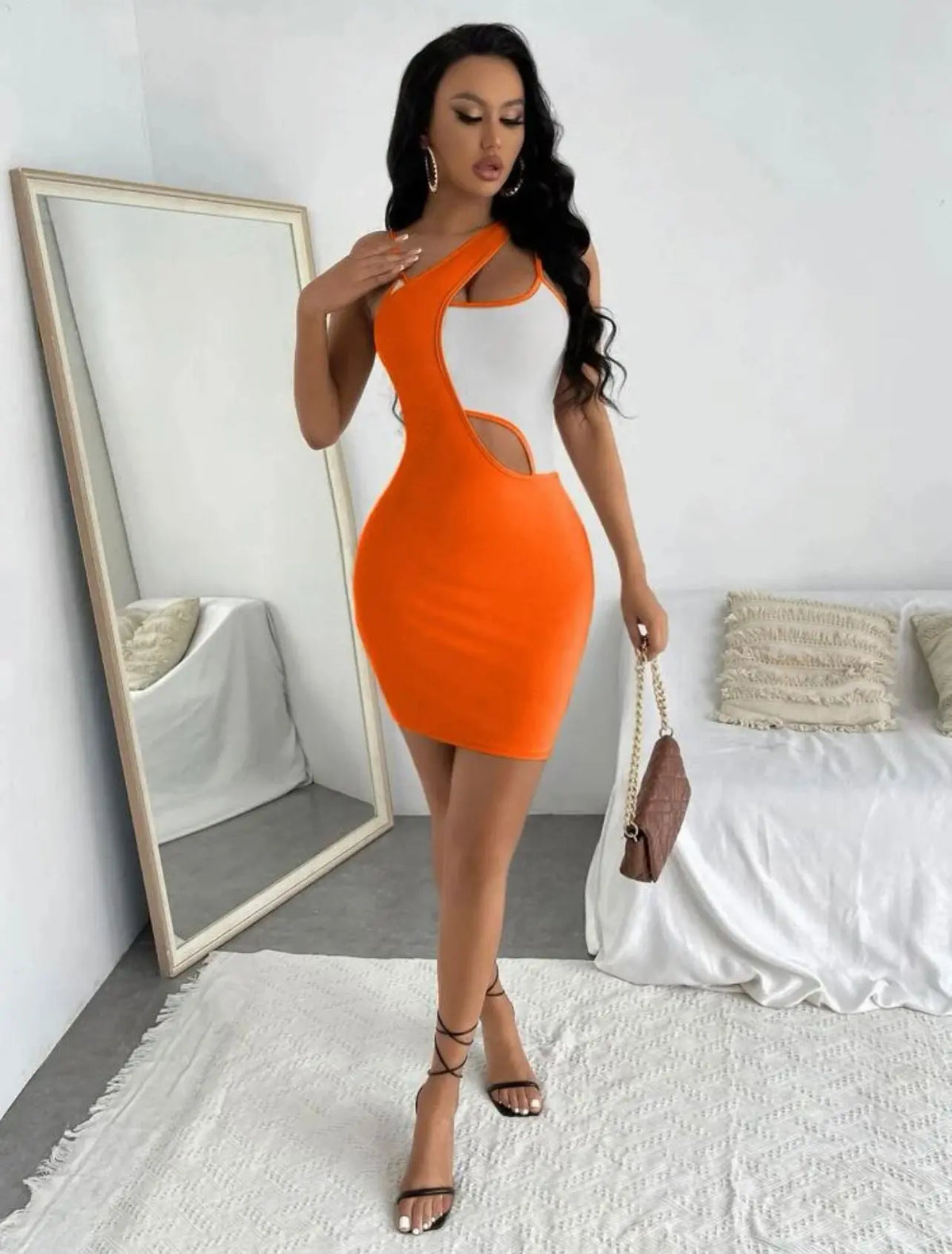 Bodycon cutout cream dress, perfect for brunch and nights out.