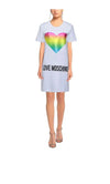 Women's designer T-shirt dress with a colorful heart design and "Love Moschino" text.