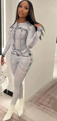 Woman wearing trendy denim print tights set with a stylish fit.