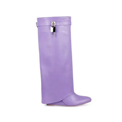 Image & Stylez LLCLock High Wedge BootCity on Lock High Wedge BootThese Wedge Boots are giving Sexy and Chic vibes.
True to size Drape Over Pointed Toe High Heel Wedge Cover Up Fold Over Knee High Boots Heel Height Approx. 3" Boot 