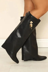 Image & Stylez LLCLock High Wedge BootCity on Lock High Wedge BootThese Wedge Boots are giving Sexy and Chic vibes.
True to size Drape Over Pointed Toe High Heel Wedge Cover Up Fold Over Knee High Boots Heel Height Approx. 3" Boot 