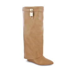 Image & Stylez LLCLock High Wedge BootCity on Lock High Wedge BootThese Wedge Boots are giving Sexy and Chic vibes.
True to size Drape Over Pointed Toe High Heel Wedge Cover Up Fold Over Knee High Boots Heel Height Approx. 3" Boot 