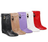 Lock Low Wedge Boot in black, tan, purple, white, and red with gold locket detail.