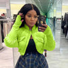 Excuses Cropped Jacket in neon green with puff sleeves and sweater design.