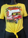 Yellow Vacay Vibes Top with vibrant graphic design featuring a classic car.