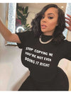 Fashionable black "Don’t Copy Me" T-shirt with bold lettering and casual fit.