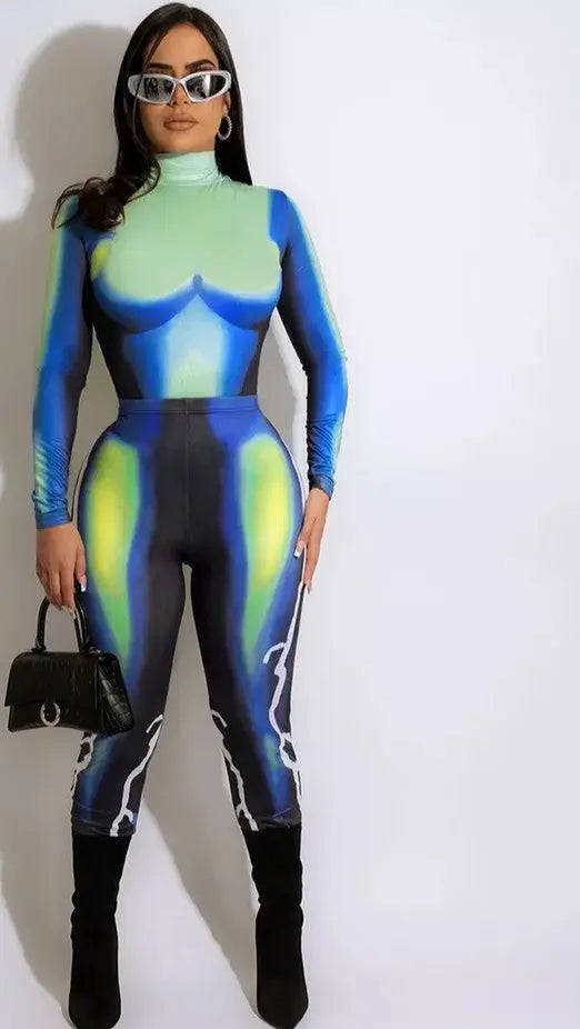 Stylish multicolored x-ray design 2-piece set with boots and sunglasses.