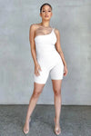 One shoulder ribbed romper in white.